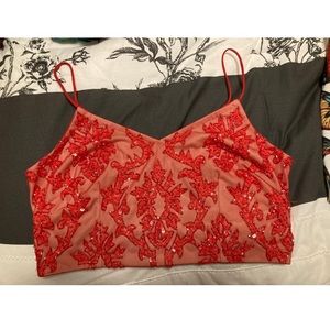 Red embroidered sequin spaghetti strap crop top pre owned
